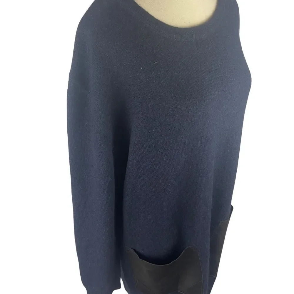 COS oversized navy blue mini dress sweater w black faux leather pockets sz M - Picture 11 of 14